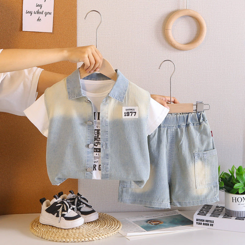 Boys' Summer Denim Vest Short Sleeve Set 2-4 Year Old Boys, 2026 New Fashionable Style for Infants and Toddlers