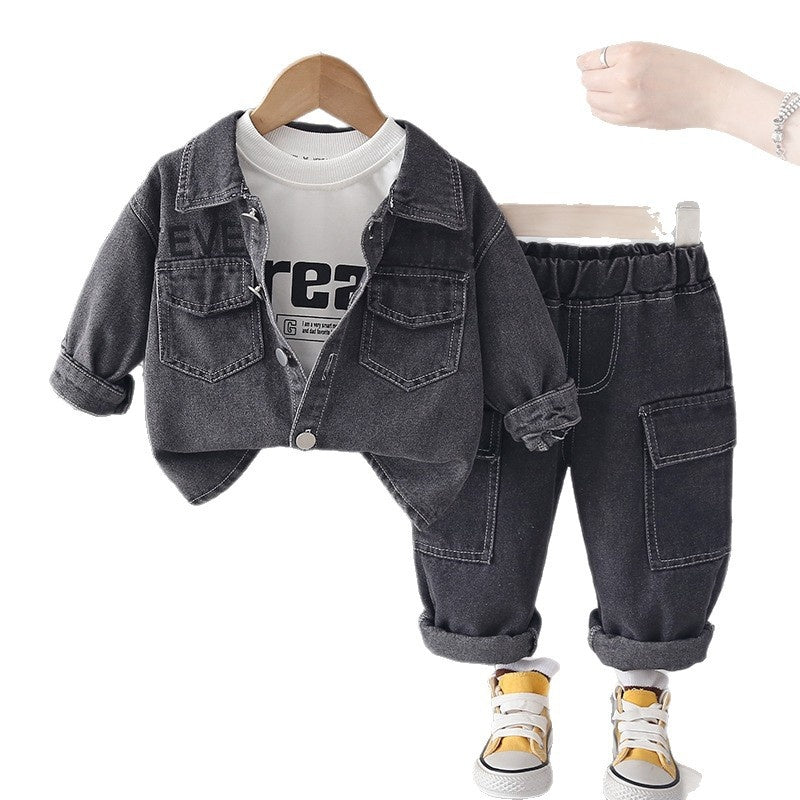Boys' Spring Outfit 2026 New Fashionable Letter Denim Casual Three-Piece Set Children, Trendy and Stylish for Autumn