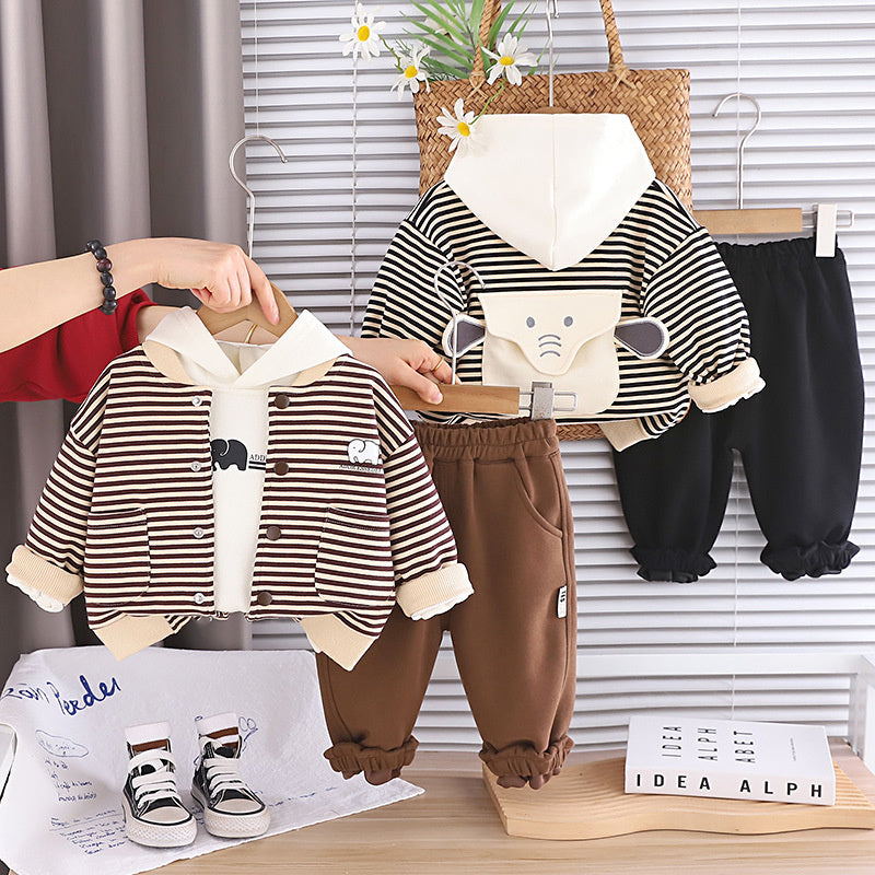 Boys' Outfit 2026 New Children's Spring and Autumn Baby Stylish Elephant Striped Cardigan Three-Piece Set Trendy
