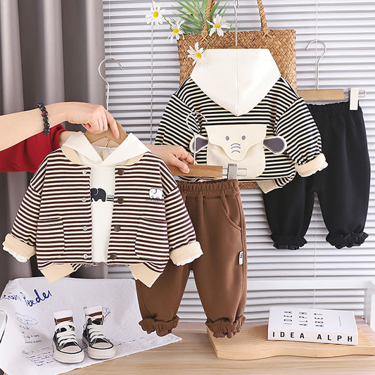 Boys' Outfit 2026 New Children's Spring and Autumn Baby Stylish Elephant Striped Cardigan Three-Piece Set Trendy