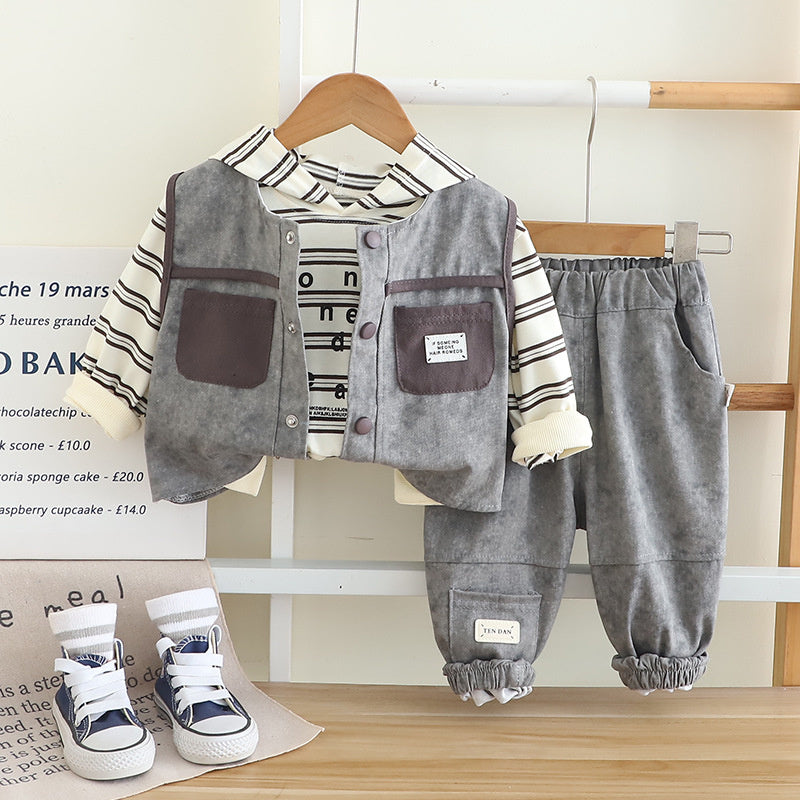 Fashion 2025 New Boys' Stylish Autumn Long Sleeve Pocket Vest Three-Piece Set Trendy Casual Clothing