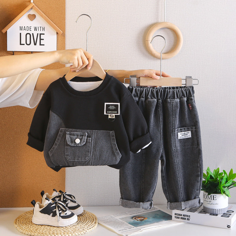 Stylish autumn outfit baby boys, two-piece denim sweatshirt set for boys in spring and autumn, trendy children's clothing