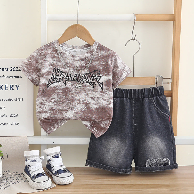 Boys' Outfit 2026 New Style Children's Summer Tie-Dye Necklace Short Sleeve Stylish Two-Piece Set Trendy Kids' Clothing