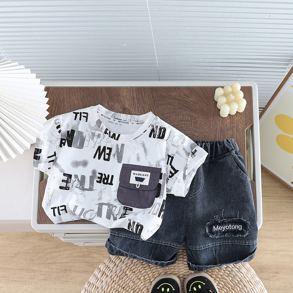 Boys' Outfit 2026 New Short-Sleeve Stylish Toddler Summer Clothes Letter Pocket Round Neck Two-Piece Set Baby Trendy