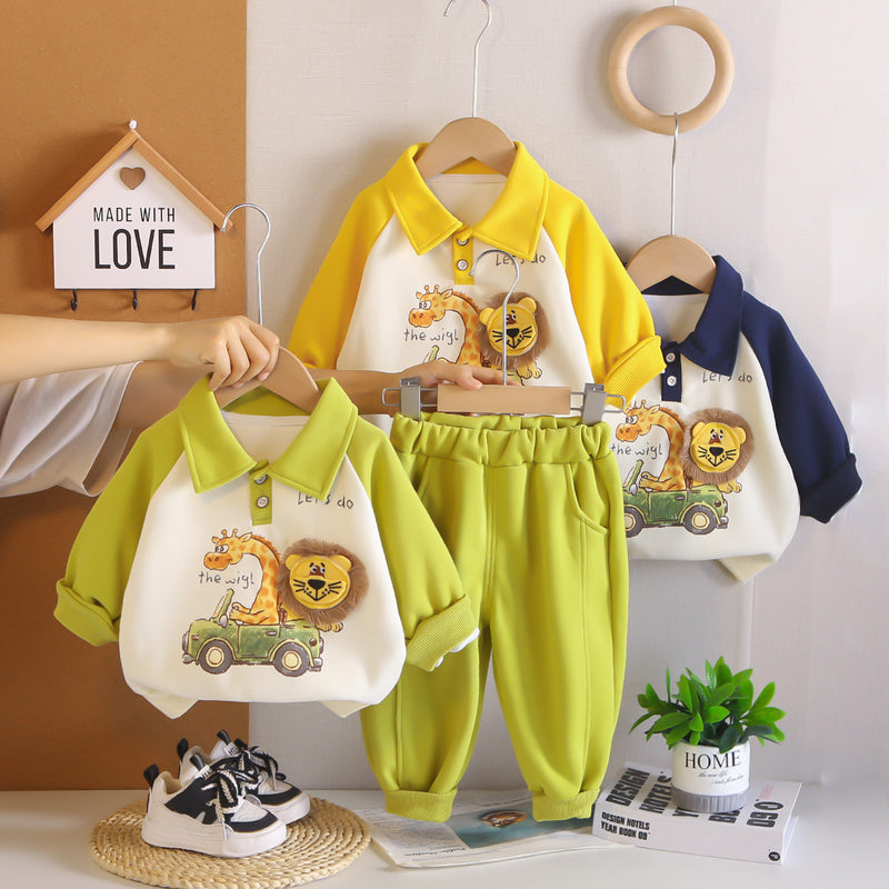 Boys' Suit 2026 New Fashionable Cute Children's Outfit with Turn-down Collar 3D Lion Design, Two-piece Set for Baby, Spring and Autumn Trendy Wear