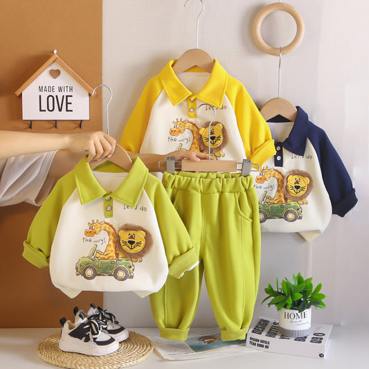 Boys' Suit 2026 New Fashionable Cute Children's Outfit with Turn-down Collar 3D Lion Design, Two-piece Set for Baby, Spring and Autumn Trendy Wear