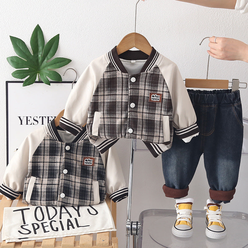 Boys' Outfit 2026 New Fashionable Plaid Double-Layer Jacket Children's Spring and Autumn Stylish Casual Two-Piece Set