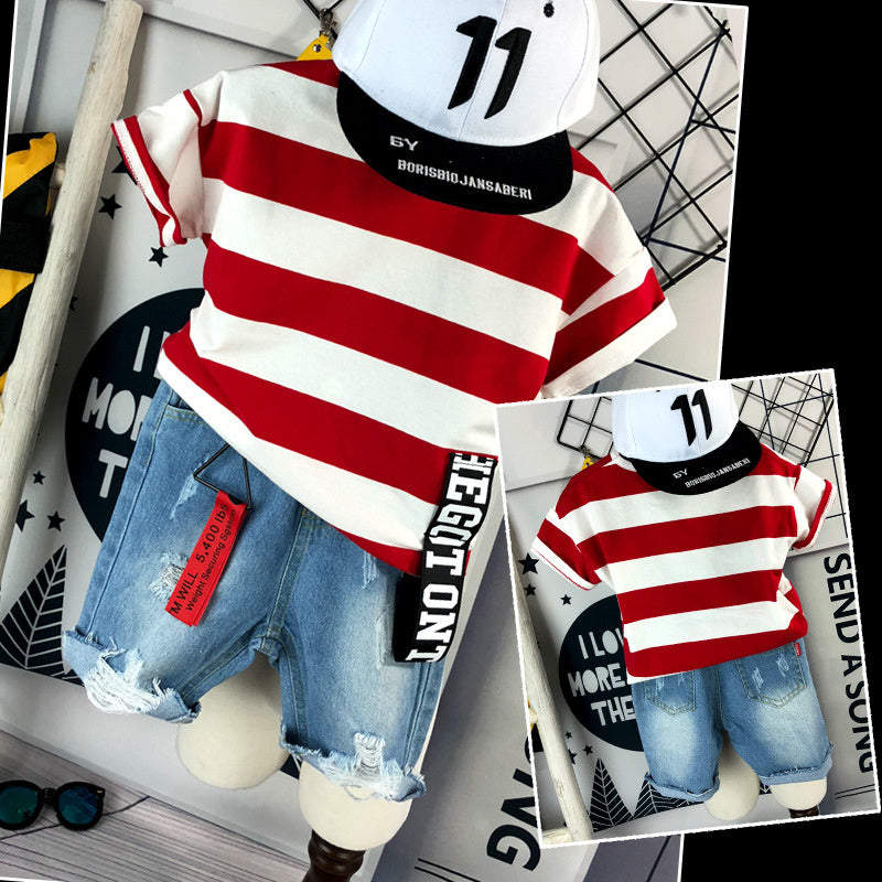 2020 New Summer Striped Short-Sleeve T-Shirt Set for Children, Distressed Personalized Denim Shorts Set, Two-Piece Trendy Outfit