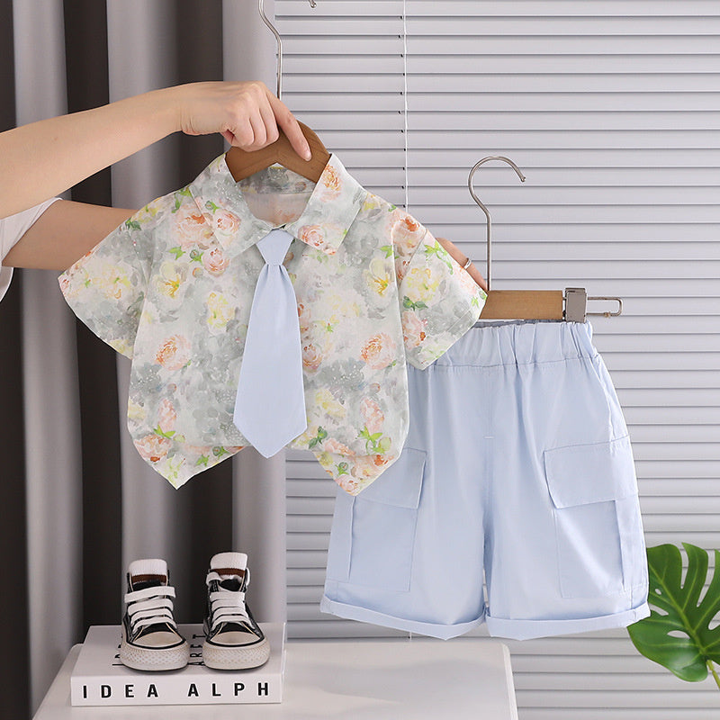 Boys' Summer Outfit 2026 New Style for Young Children, Fresh Floral Pattern, Stylish Short-Sleeve Shirt and Tie Two-Piece Set