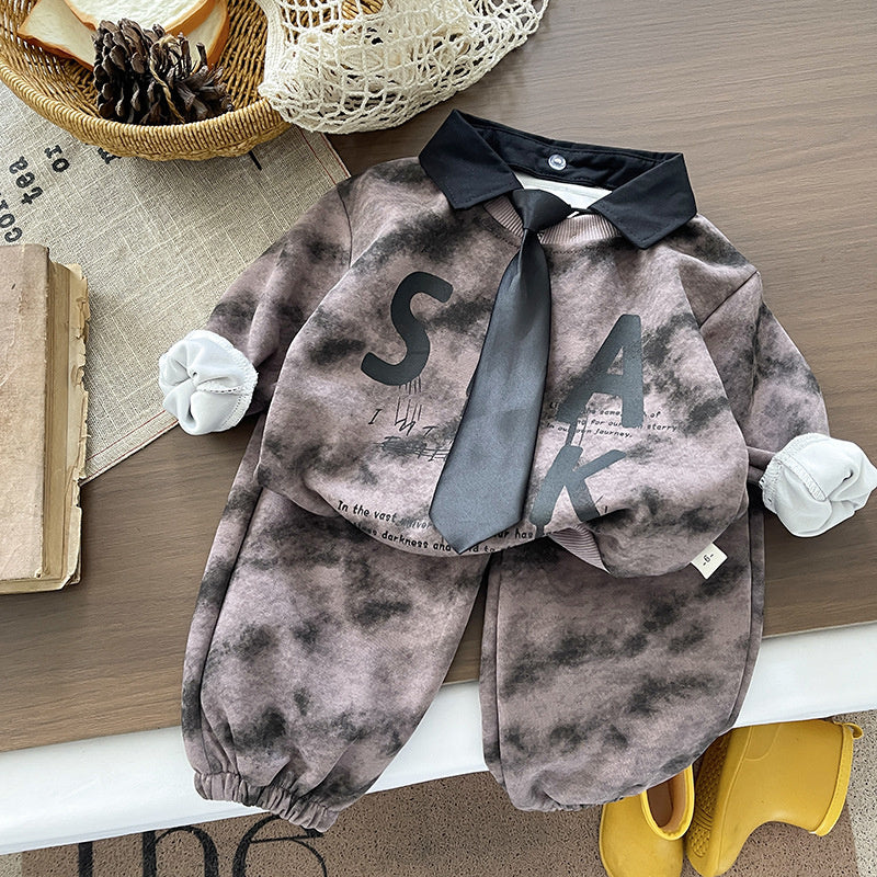 Boys' Outfit Infants Children, New Spring Autumn Style, Stylish Korean Version with Tie and Tie-Dye Long Sleeve Two-Piece Set for Boys