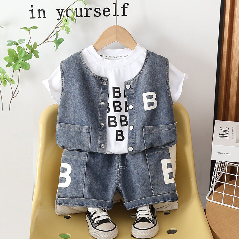 Boys' 2026 New Stylish Outfit Infant Children's Short-Sleeve Denim Vest Three-Piece Summer Set Baby Clothes