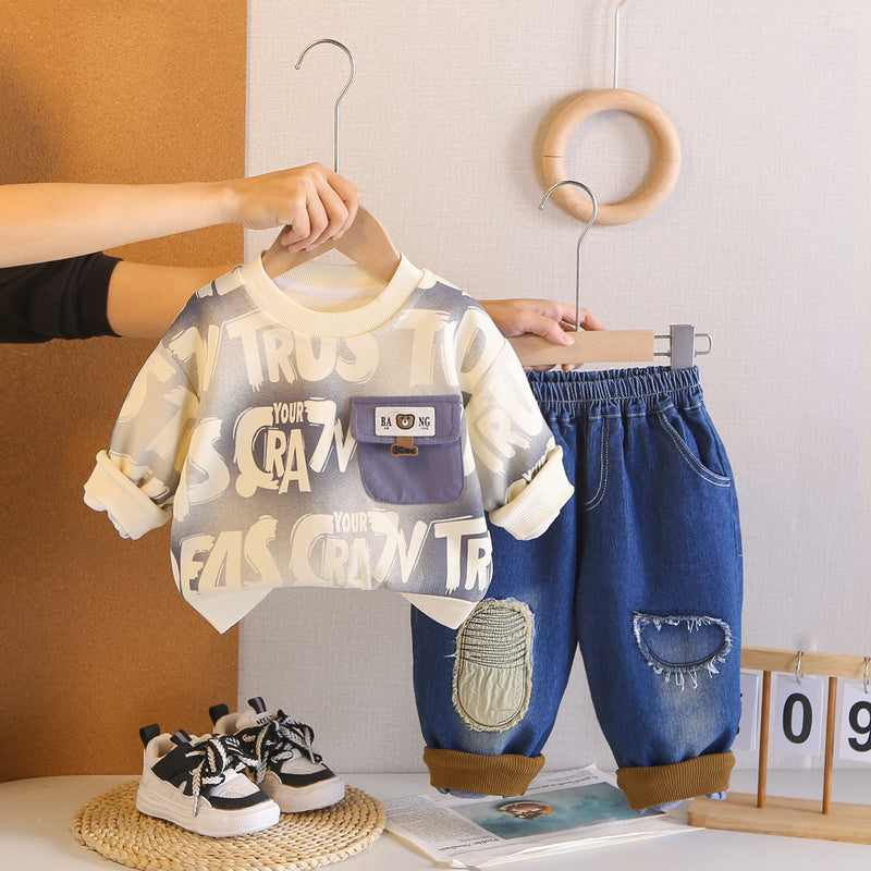 Boys' Outfit 2026 New Children's Spring and Autumn Long-Sleeve Round-Neck Pocket Bear Sweatshirt Two-Piece Set for Toddlers
