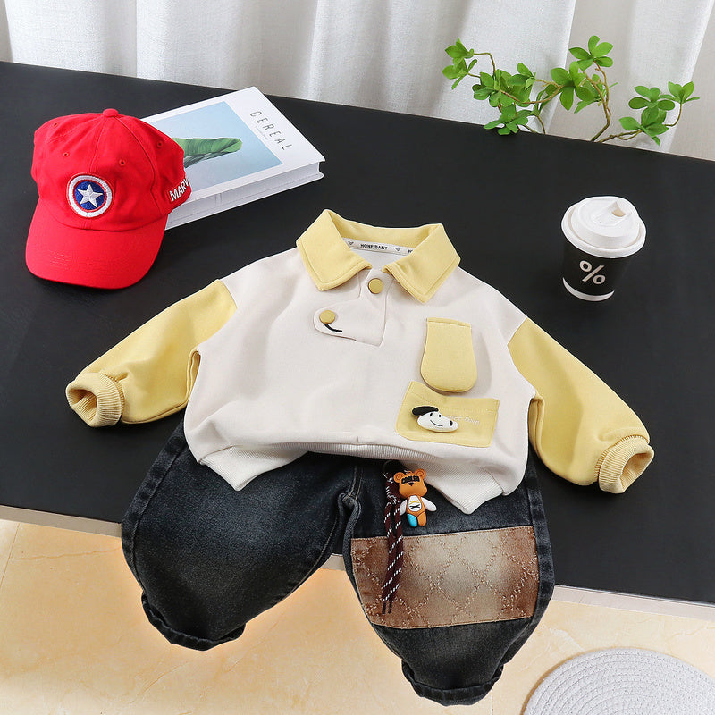 Boys' Outfit 2026 New Fashionable Children's Spring and Autumn Clothes Baby Boy Pocket Dog Sweatshirt Two-Piece Set