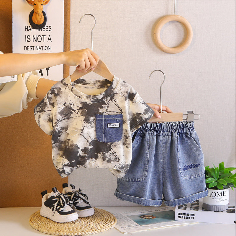 Boys' Outfit 2026 New Style Infant Toddler Clothing Baby Boy Summer Camouflage Pocket Short Sleeve Two-Piece Set Trendy