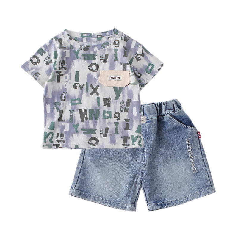 Boys' Outfit 2026 New Model Children's Short Sleeve Two-Piece Set with Pocket Cover, Baby Summer Casual Round Neck Clothes