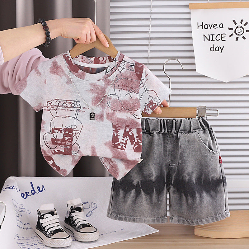 Baby clothes summer thin style children's clothing necklace two-piece set stylish cartoon short-sleeve outfit for one-year-old boy