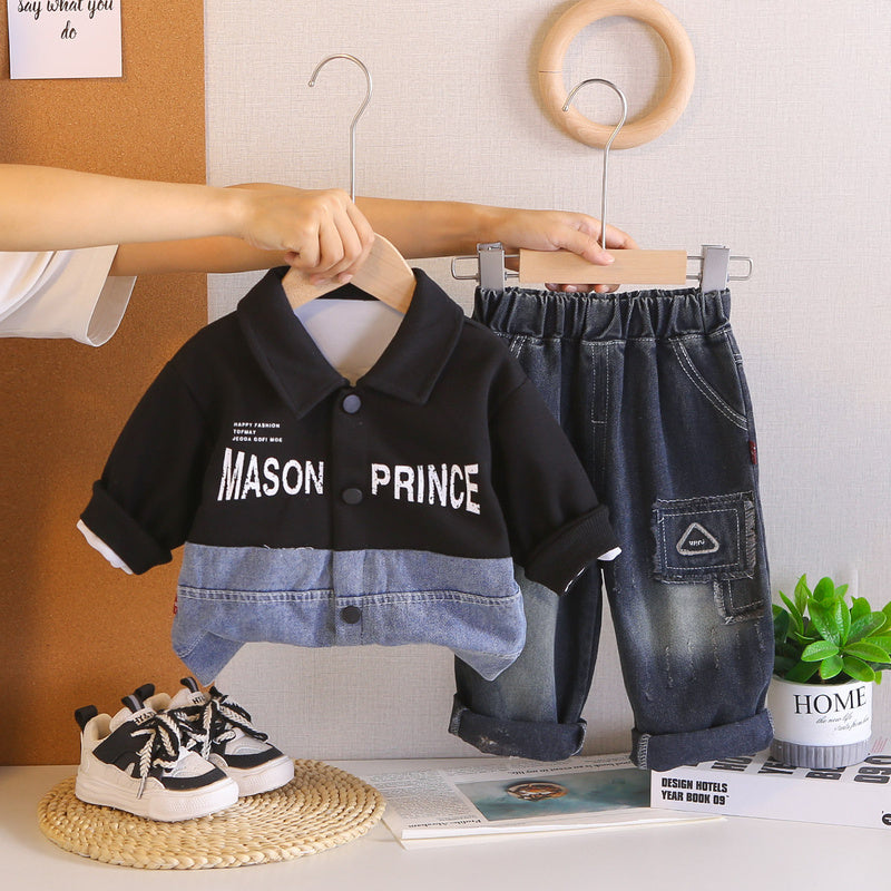 Children's clothing boys' suit baby outfit new style toddler spring and autumn stylish patchwork jacket two-piece set Korean fashion