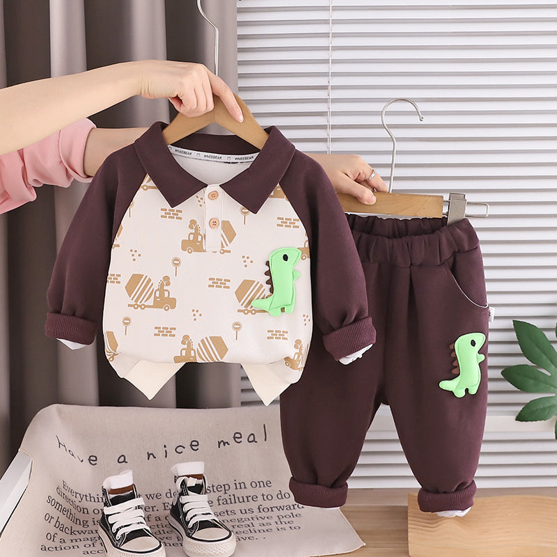 Boys' Outfit Set, Stylish Korean Version 2026 New Model, Children's Spring and Autumn Clothing, Little Dinosaur Color-Block Two-Piece Set for 1-5 Years Old