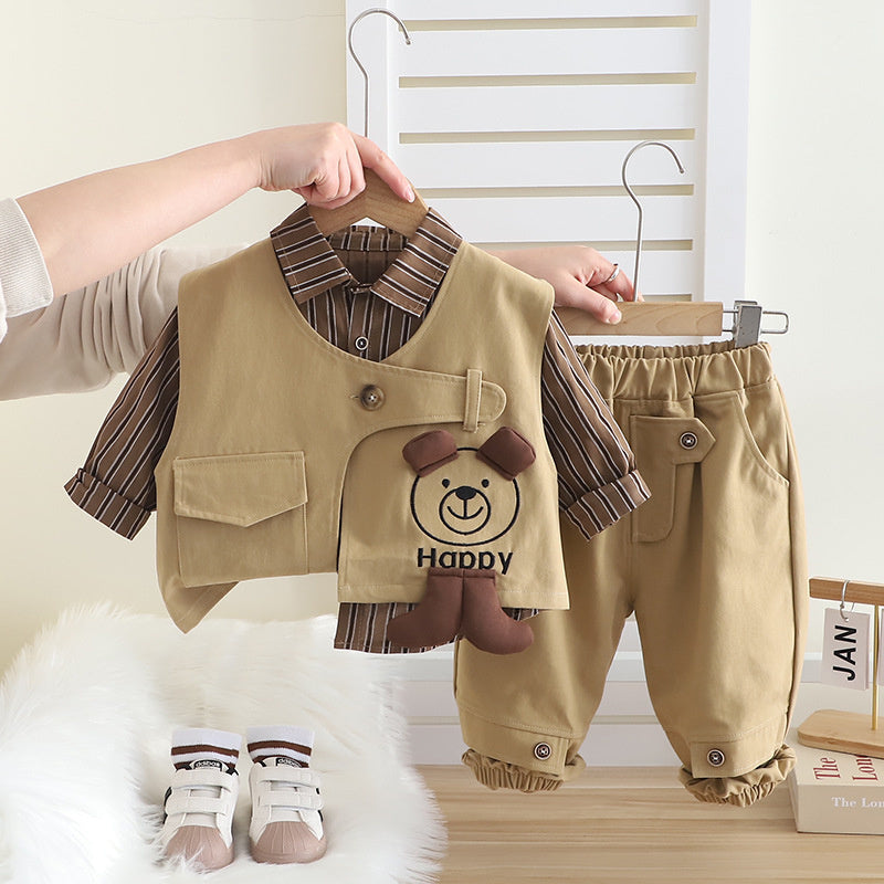 and Autumn Long Sleeve 2025 Spring New Workwear Bear Vest Three-Piece Set 1-5 Years Old Children's Clothing