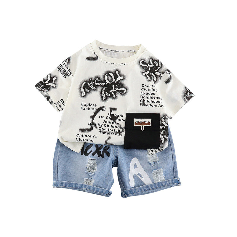 Boys' Outfit 2026 New Style Children's Summer Thin Short-Sleeve Two-Piece Set with Full Letter Print, Trendy and Cool