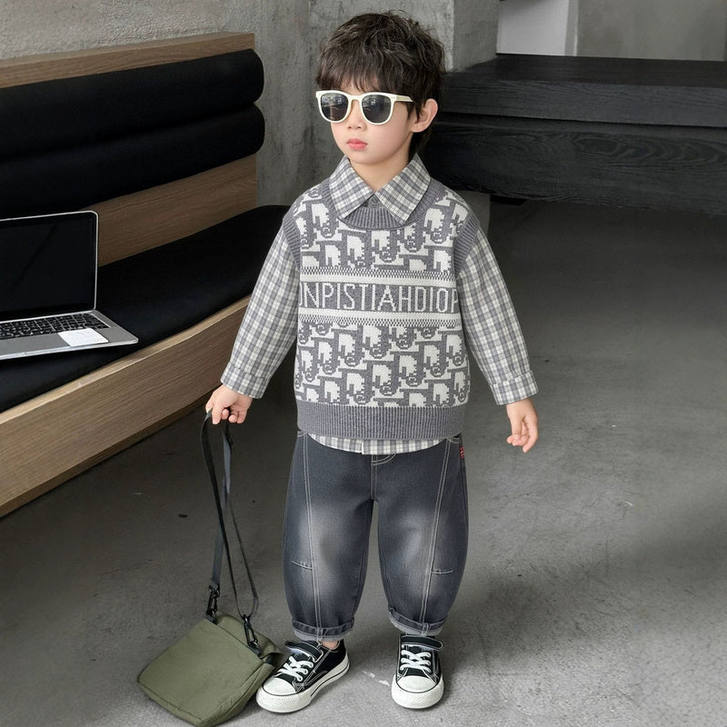Boys' clothing shirt sweater set, spring autumn style, trendy and cool, stylish long-sleeve three-piece set for 1-5 year old boys