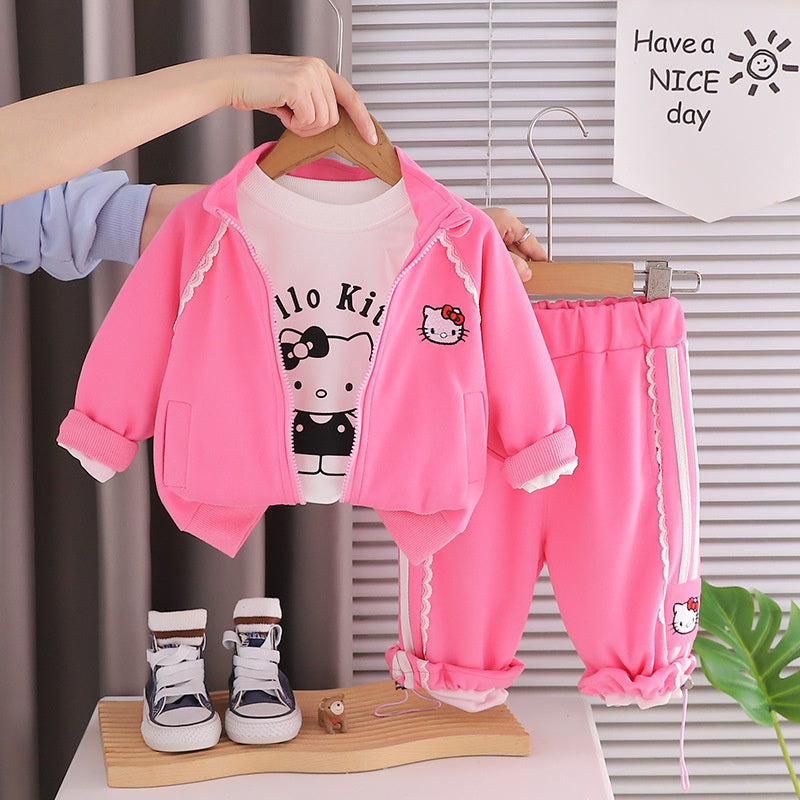 Girls' Outfit: Stylish and Fashionable Lace Embroidered Jacket Three-Piece Set, Baby Spring Cartoon Clothes, Trendy Infant Clothing