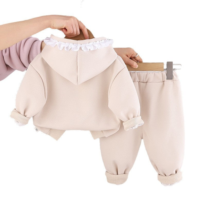 Girls' Outfit 2026 New Fashionable Heart Pattern Hooded Long Sleeve Two-Piece Set Children's Spring and Autumn Clothing