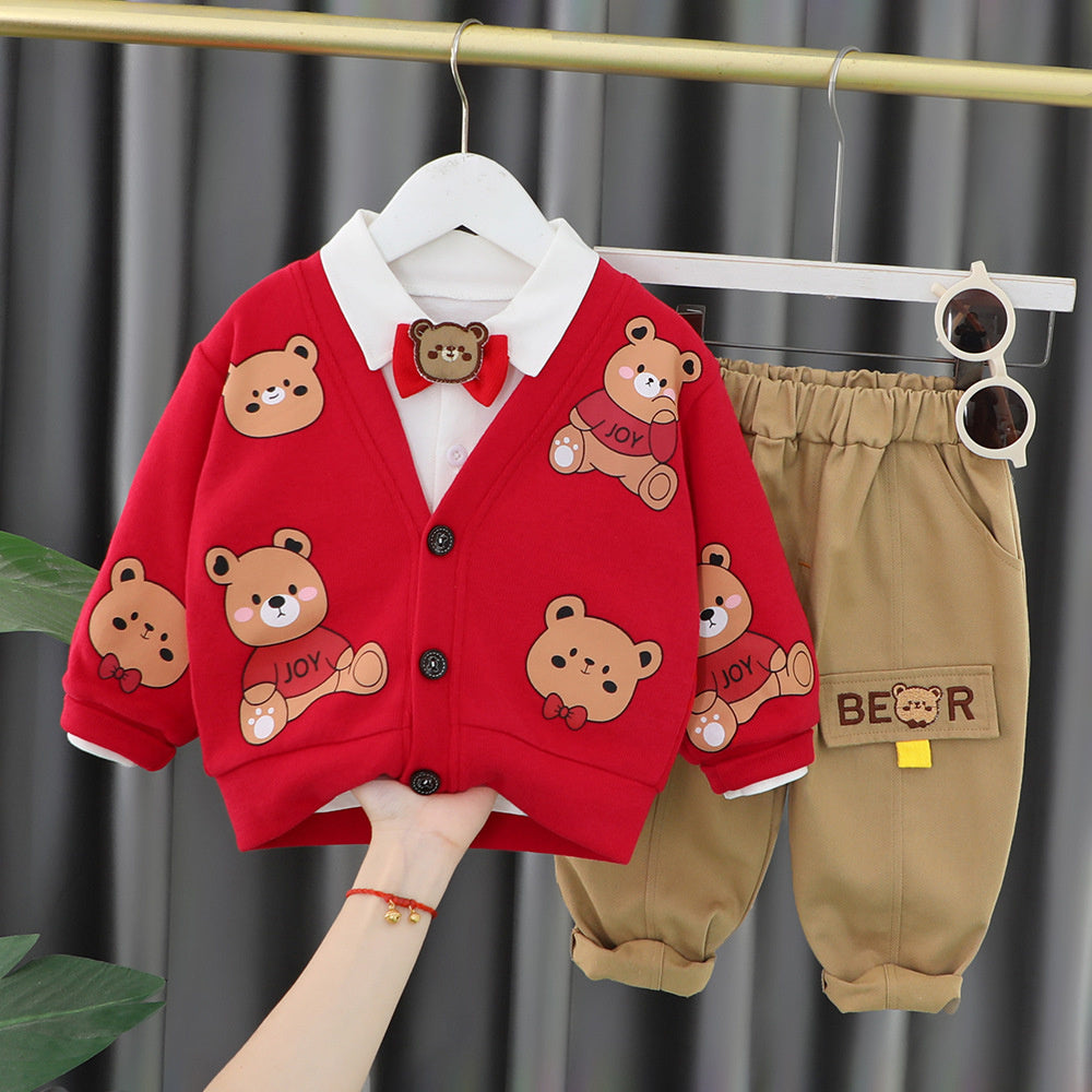 2023 Boys Long Sleeve Handsome Baby Boy Spring and Autumn Cute Bear Cardigan Little Children Three Piece Set