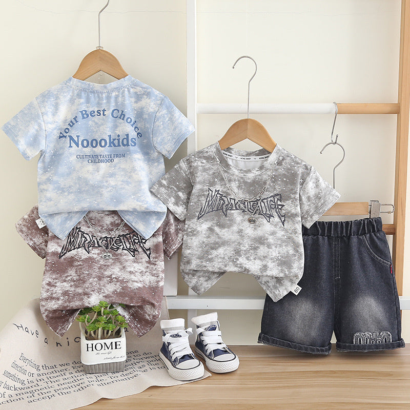 Boys' Outfit 2026 New Style Children's Summer Tie-Dye Necklace Short Sleeve Stylish Two-Piece Set Trendy Kids' Clothing