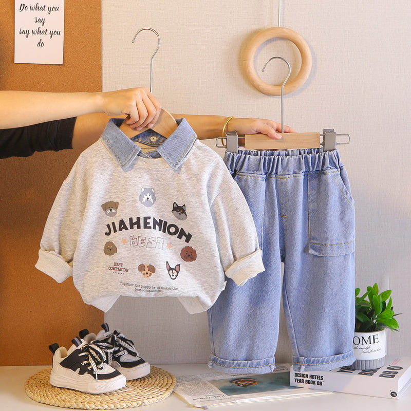 Boys' Suit 2026 New Spring and Style Children's Fashionable Clothes Baby Autumn Cartoon POLO Shirt Two-Piece Set Trendy