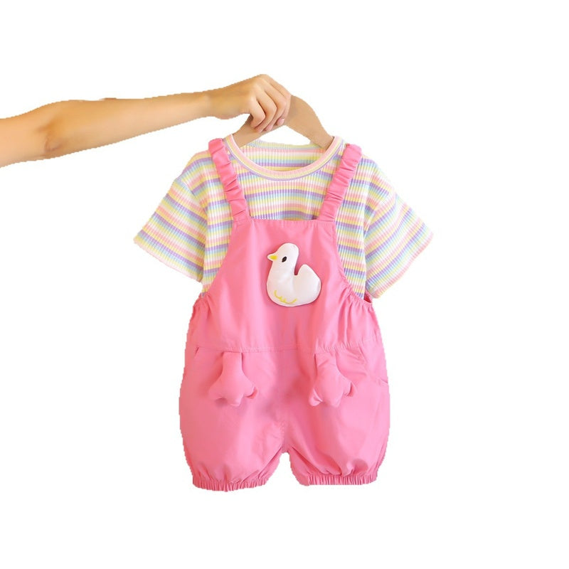 Girls' Summer Outfit: Stylish and Cute Short-Sleeve for Babies, Korean Version Cartoon Duckling Overalls Two-Piece Set