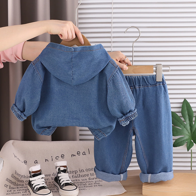 Children's Clothing 2026 New Spring Boys and Girls Baby English Zipper Hoodie Solid Color Jeans Two-Piece Set