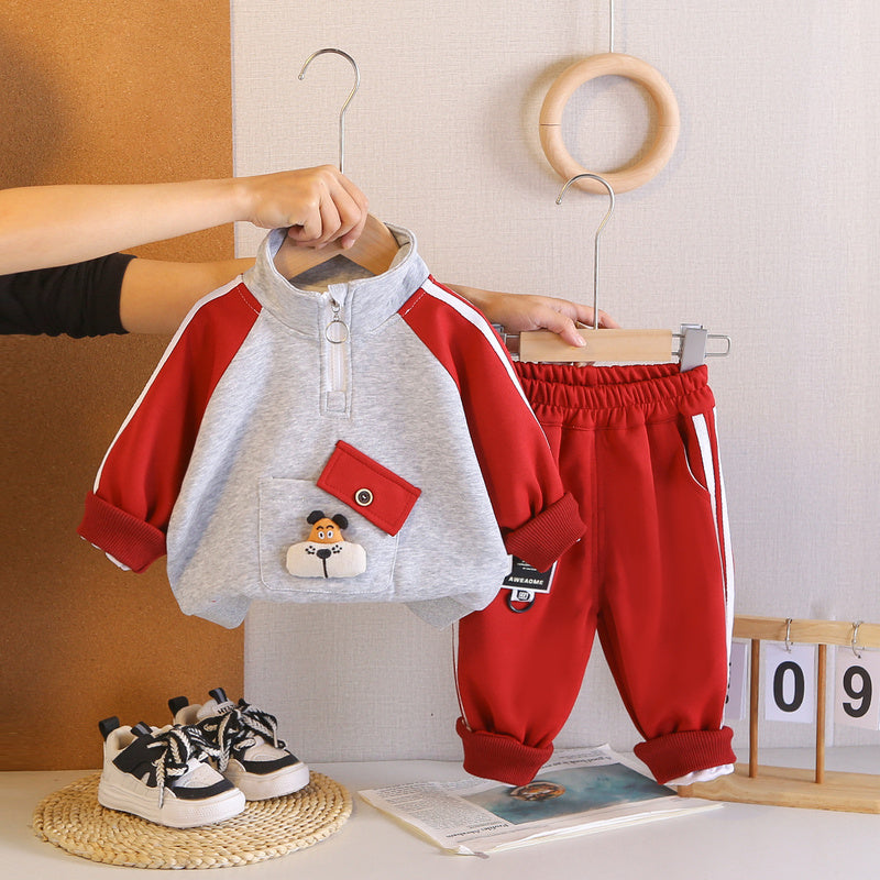 Boys' Outfit Set: New Spring Autumn Style for Infants Children, Stylish Korean Version with Diagonal Pocket Cover and Puppy Print Sweatshirt Two-Piece Set