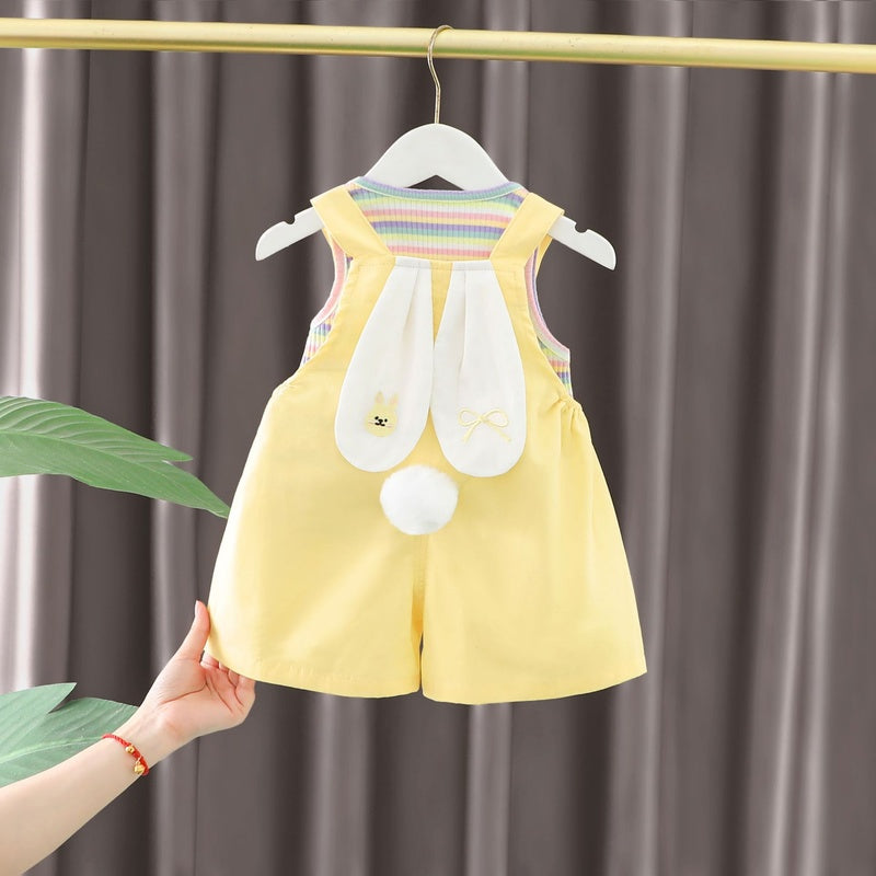Outfit 2024 New Summer Children's Girls' Baby Colorful Striped Cartoon Overalls Short Sleeve Two-Piece Set