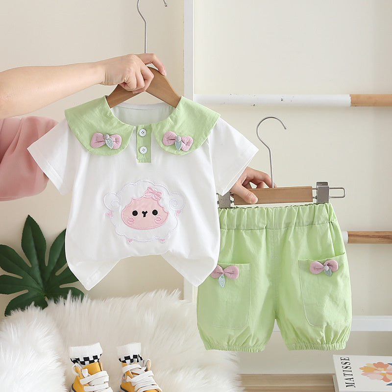 Summer style girls' short-sleeve with lamb doll collar, fashionable outerwear set, trendy Korean version, new summer stylish outfit for toddlers