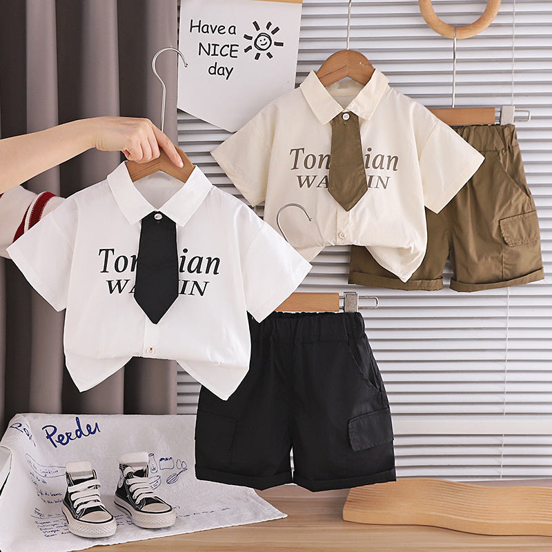 Boys' Outfit Set, Stylish 2026 New Model Children, Baby Summer Suit with Turn-down Collar and Tie, Short Sleeve, for 1-4 Year Olds