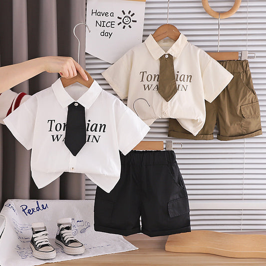 Boys' Outfit Set, Stylish 2026 New Model Children, Baby Summer Suit with Turn-down Collar and Tie, Short Sleeve, for 1-4 Year Olds