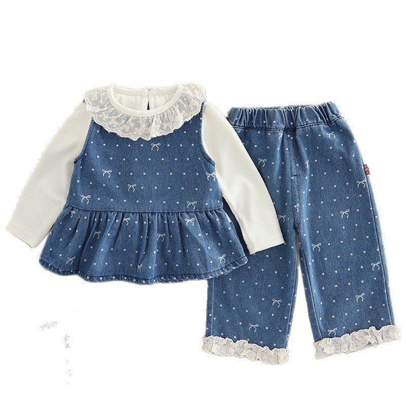 Girls' Stylish Outfit Lace Collar Denim Vest Three-Piece Set Baby Spring and Autumn Style Infant Children 2025 New Model