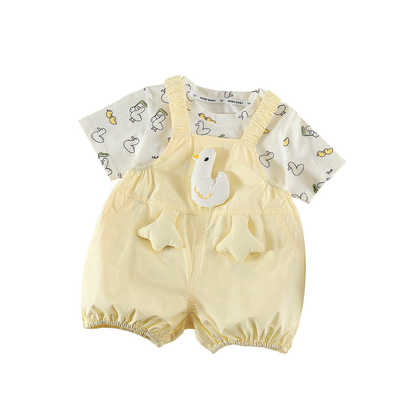 Girls' Summer Outfit, Stylish Children's Short-Sleeve Clothes, 2026 New Fashionable Baby Overalls Two-Piece Set