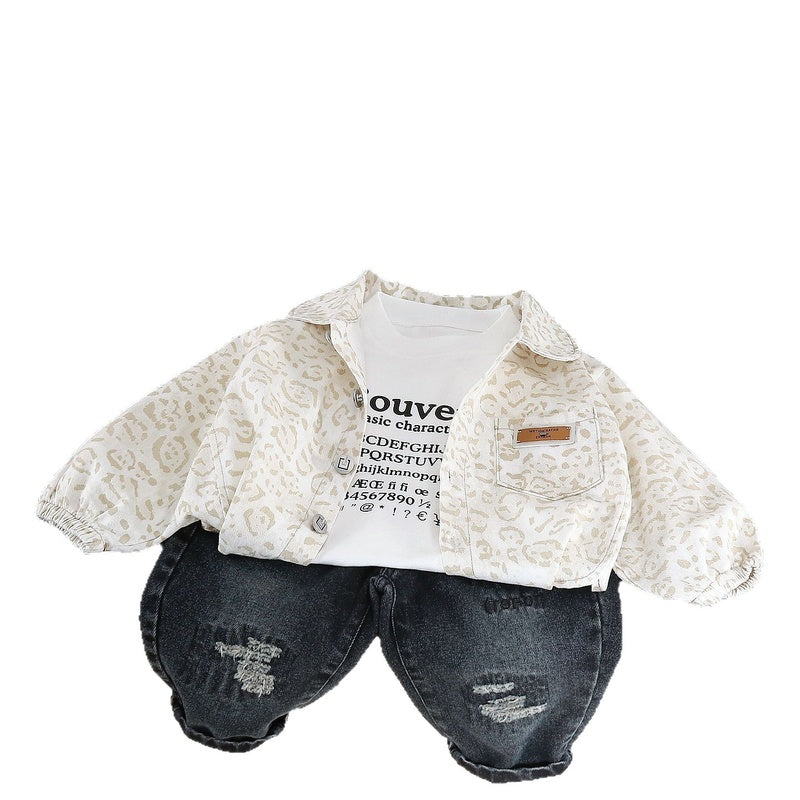 Boys' Suit 2026 New Spring and Style Children's Fashionable Baby Autumn Casual Leopard Print Cardigan Three-Piece Set Trendy