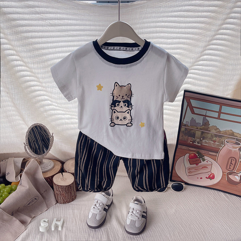 Boys' Summer Outfit Cartoon Kitten Short Sleeve 2026 New Fashionable Children's Baby Striped Shorts Two-Piece Set Trendy
