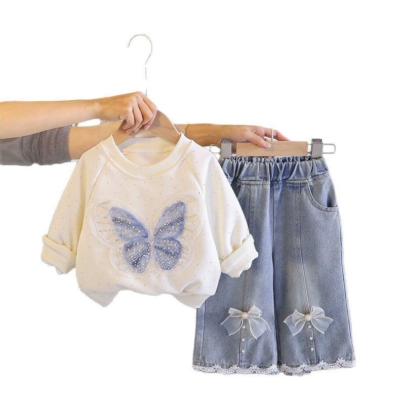 Spring Baby Butterfly Round Neck Sweatshirt 2026 New Casual Stylish Sleeve Long Pants Two-Piece Set for Girls
