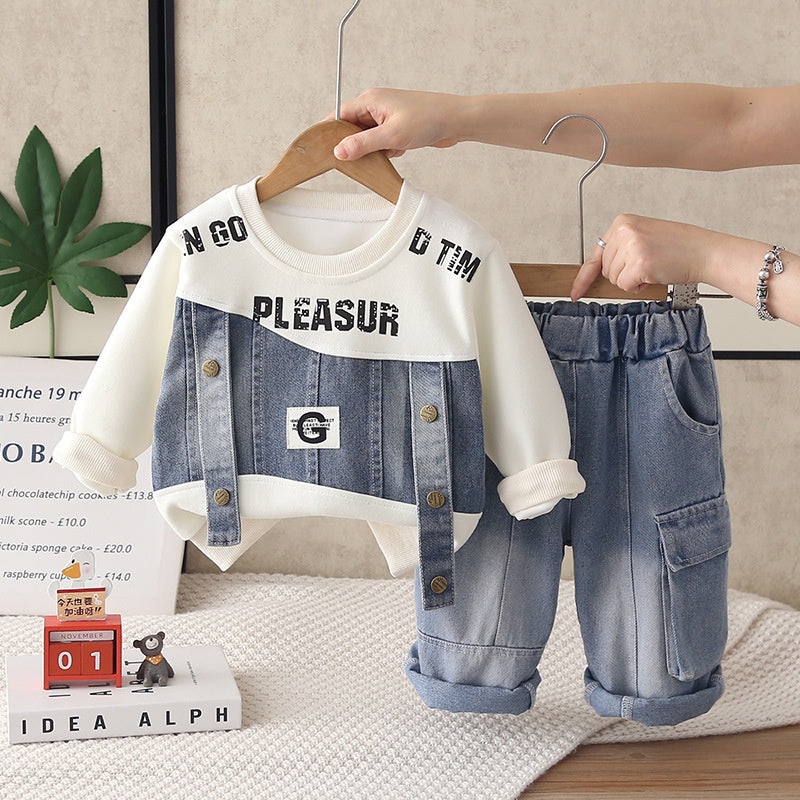 Boys' Autumn Outfit Set 2026 New Fashionable Children's Long-Sleeve Denim Patchwork Sweatshirt Two-Piece Spring/Autumn Clothing Trendy