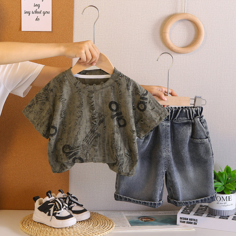 Boys' Letter Print Short Sleeve 2026 New Children's Summer Outfit Stylish Baby Korean Version Two-Piece Set Trendy