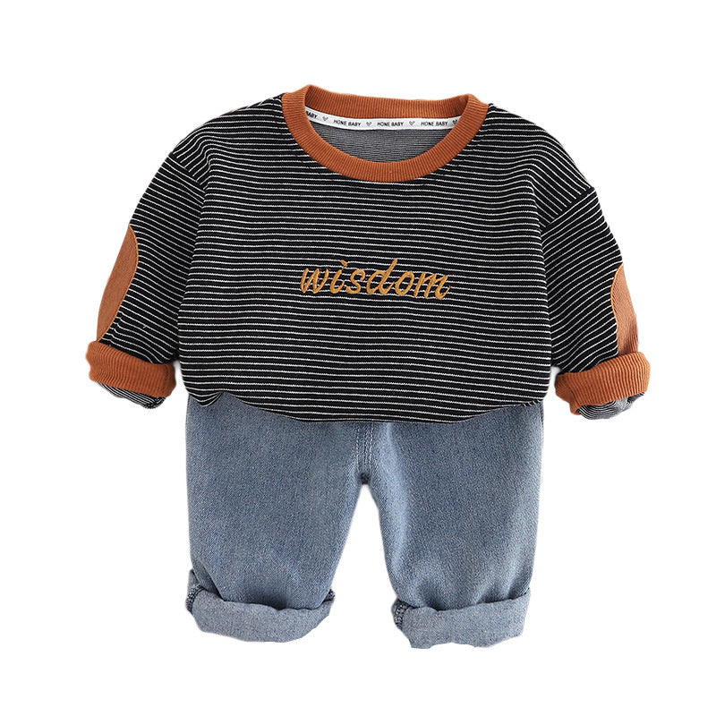 Boys' Stylish New 2025 Baby Spring Outfit Children's Clothing Striped Embroidered English Two-Piece Set