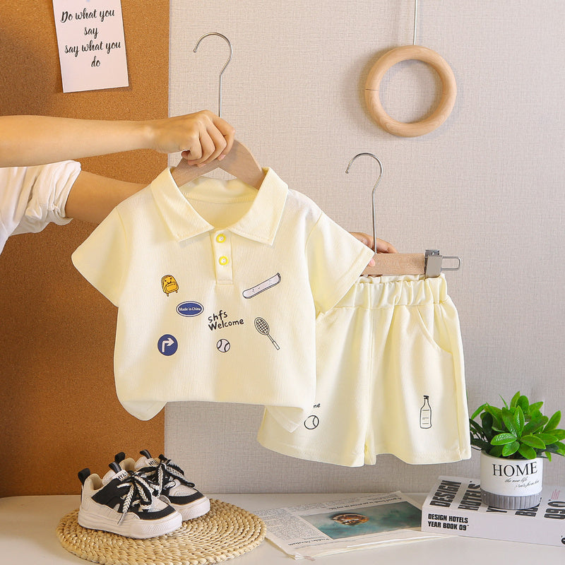 Children's clothing boys' outfit 2026 new style kids' summer cartoon sports short-sleeve two-piece set baby casual wear