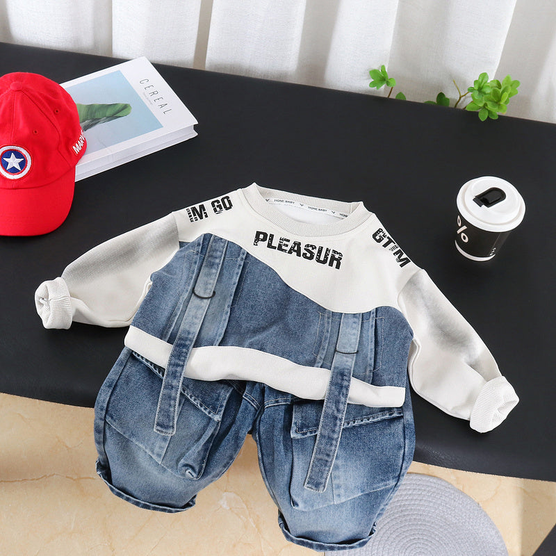 Boys' Outfit 2026 New Fashionable Two-Piece Set with Straps Patchwork Sweatshirt for Toddlers in Spring and Autumn