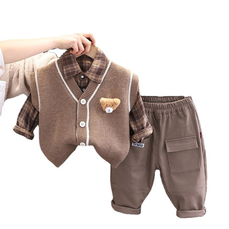 Clothing Spring and Autumn New Children's Knitted Sweater Vest Cardigan Three-piece Boy Girl Baby Cartoon Shirt Set