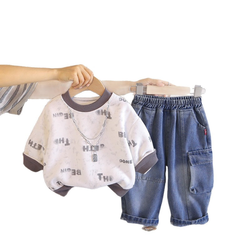 Boys' Spring Autumn Outfit 2026 New Style Baby Casual Round Neck Necklace Sweatshirt and Pants Two-Piece Set for 1-3-5 Years Old Trendy