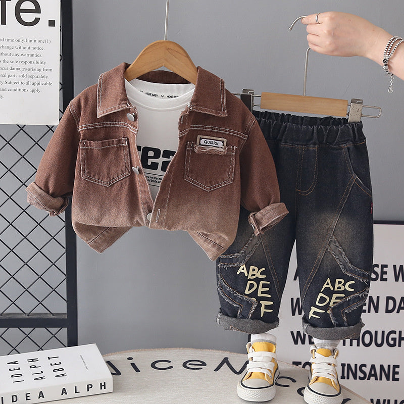 2026 Autumn New Boys' Denim Long-Sleeve Three-Piece Set, Baby Boy Casual Long Pants Spring/Autumn Outfit Wholesale